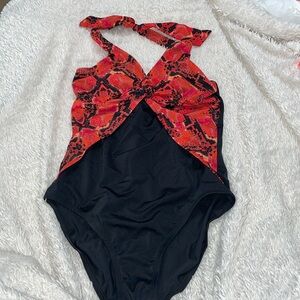 NWOT Jaclyn Smith Women’s Size 12 one piece swim bathing suit Black burnt Orange